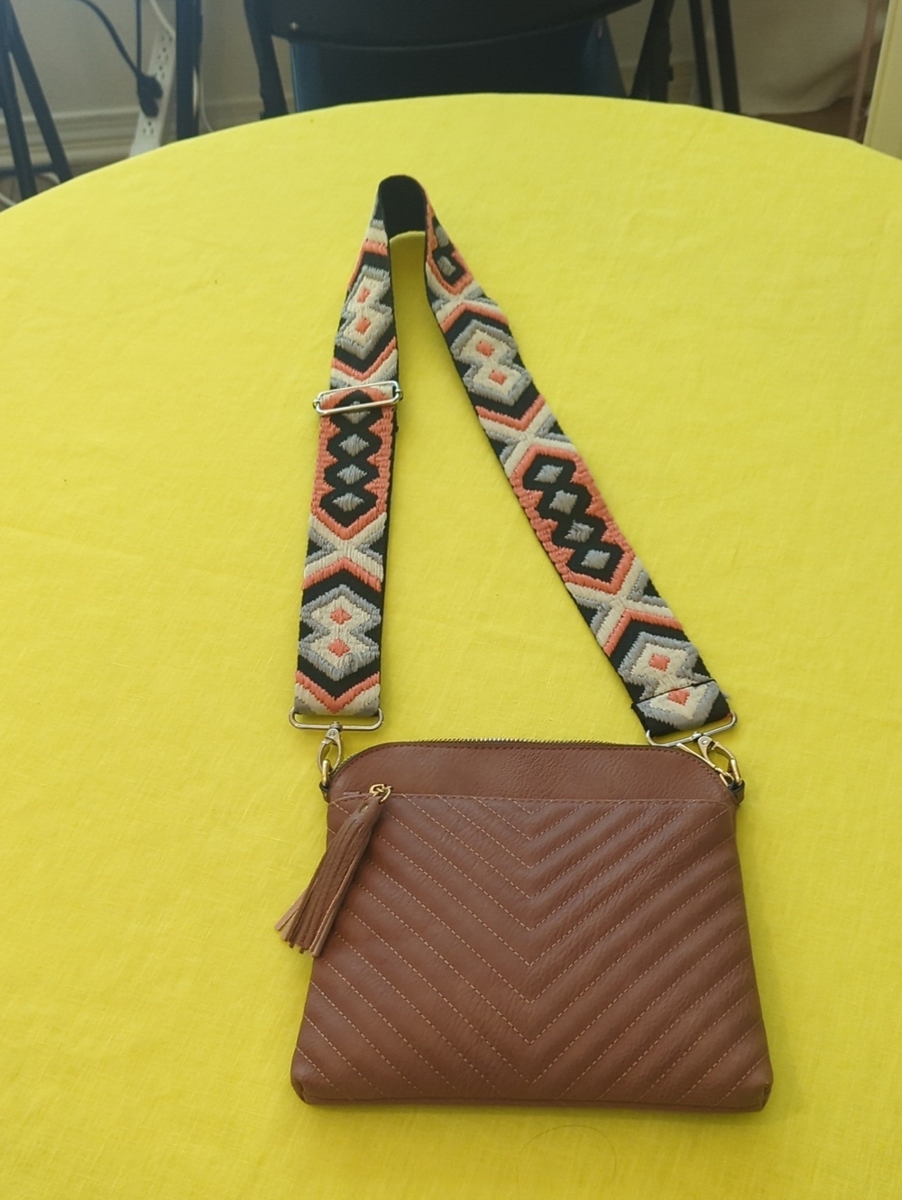 Brown Quilted Crossbody Bag with Patterned Strap